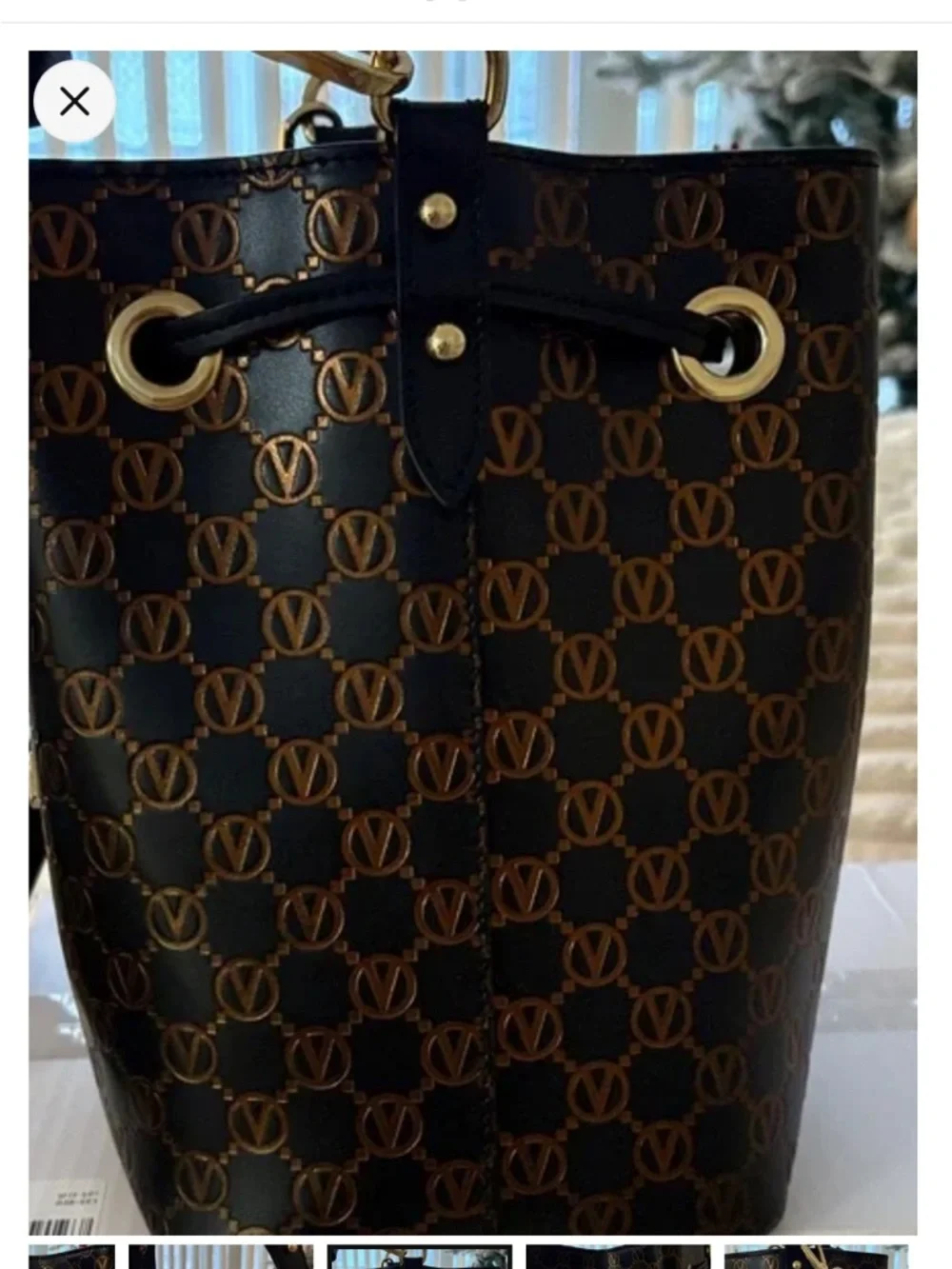 Mario Valentino Black and Brown Logo Drawstring Hobo/ Bucket Bag GC